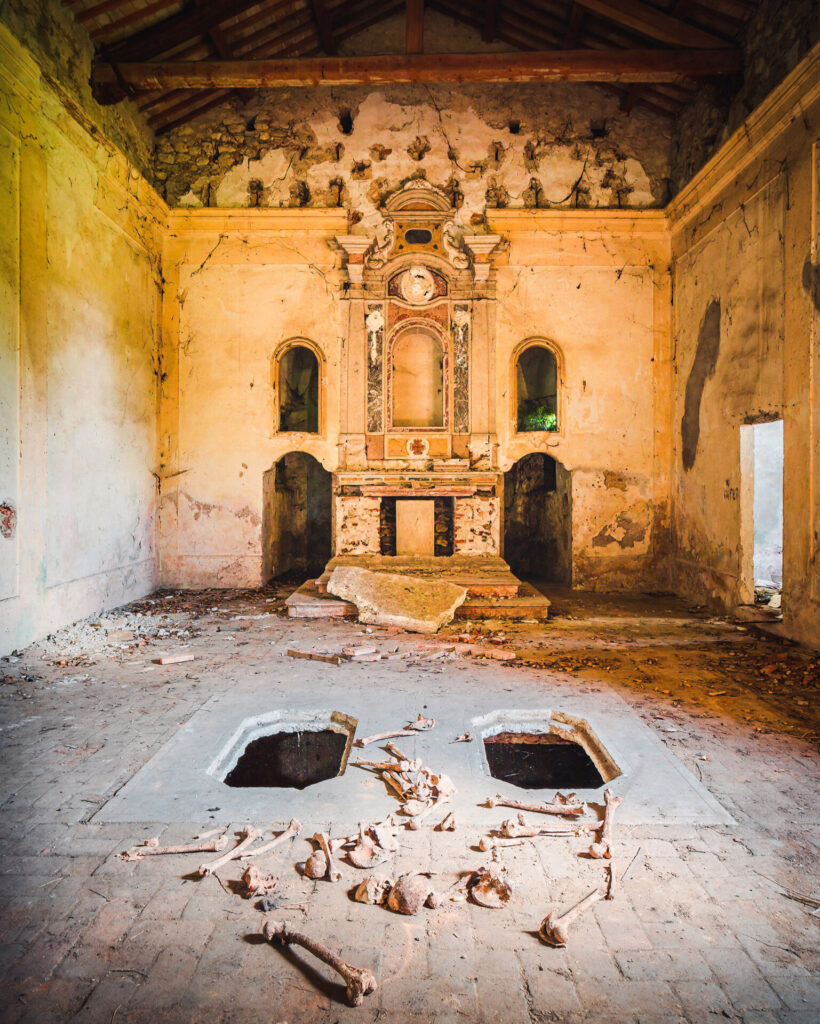 Bones are scattered on the floor of this crumbling church