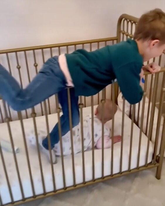 Boy wakes baby sister by leaping into crib – leaving Instagram users in hysterics