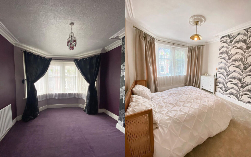 The before and after of the bedroom. One with purple carpet and curtains, the other with patterned wallpaper, beige curtains and white bedding.