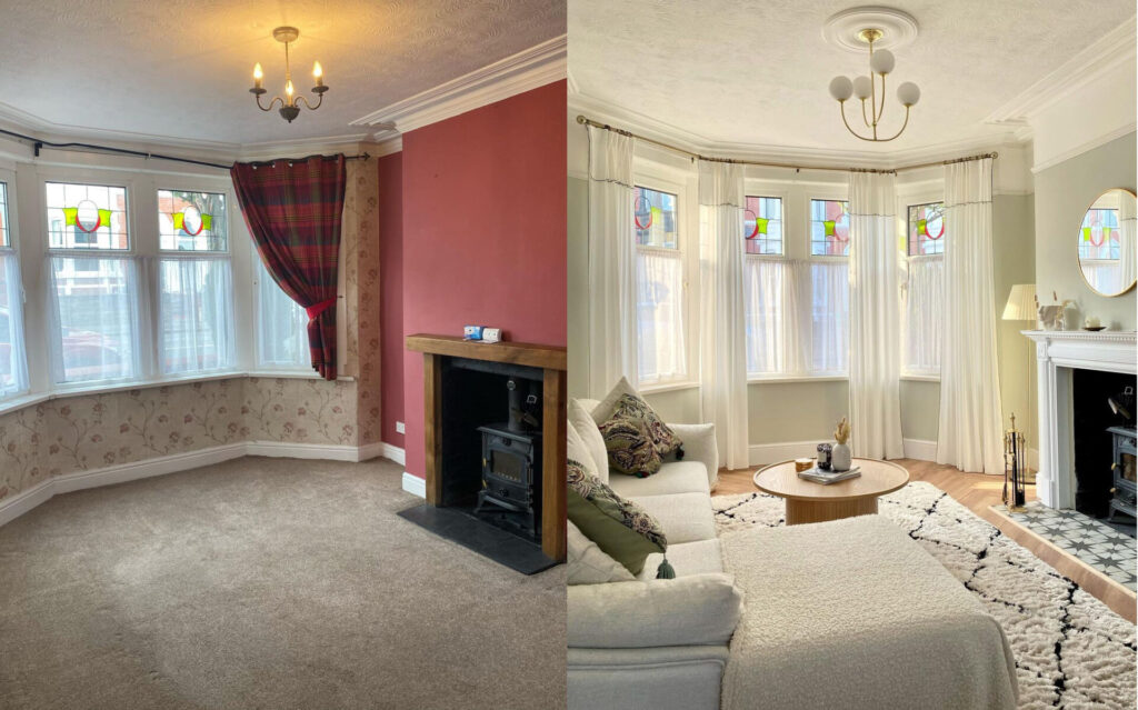 Before and after of the living room. One with red walls and dingy carpet, the other with olive green walls, laminate flooring and neutral toned furnishings. 